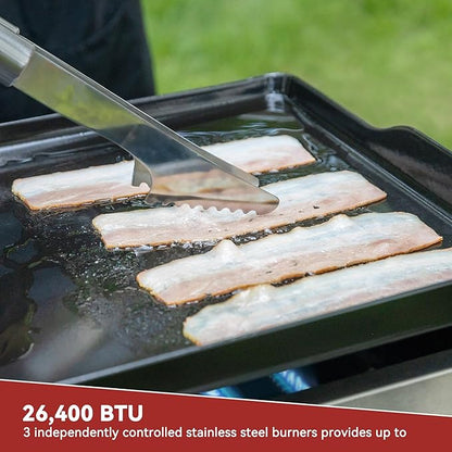 Royal Gourmet PD1300 3-Burner Portable Propane Gas Grill Griddle, 26,400 BTU Table Top Griddle for Outdoor Cooking, Camping, Tailgating, or Picnics, Silver