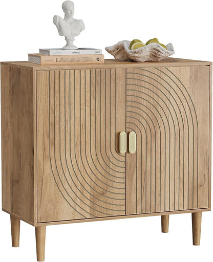 Smuxee Oak Sideboard Cabinet, Freestanding Buffet Cabinet with Line Groove Design, Wood Storage Cabinet with Adjustable Shelf for Living Room, Entryway, Hallway