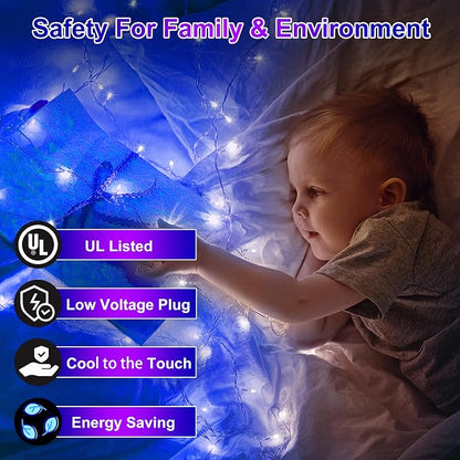 750 LED 240FT Christmas Lights, 12 Modes Christmas String Lights, Plug-In | Blue String Lights with Timer, Dimming and Green Wire for Large Trees, Patios, Fences and Porches