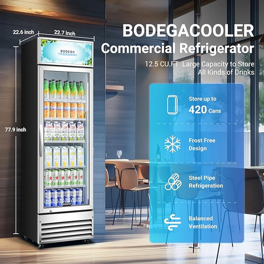 BODEGACOOLER Commercial Merchandiser Refrigerator, 12.5 Cu.Ft Glass Door Display Cooler, Upright Beverage Refrigerator with Soft LED Light, Adjustable Shelves, 4 Heavy-Duty Stainless Steel Casters