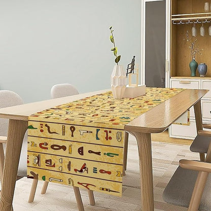 Egyptian Print Table Runner, Colorful Hieroglyphics on Papyrus Old Paper Decor Indian Wedding Reception Party Decorative for Dining Table 13x36 Inch