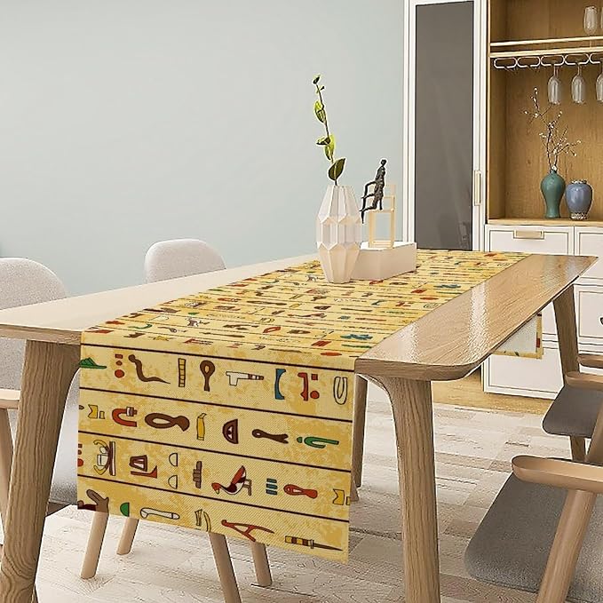 Egyptian Print Table Runner, Colorful Hieroglyphics on Papyrus Old Paper Decor Indian Wedding Reception Party Decorative for Dining Table 13x120 Inch