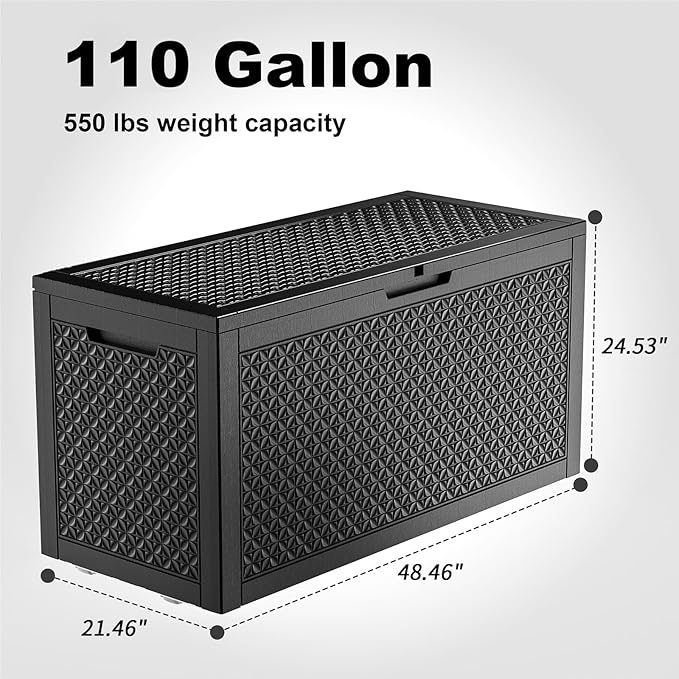 110 Gallon Large Outdoor Storage Box Waterproof, UV Resistant Resin Deck Box with Hydraulic Rod for Patio Furniture,Garden Tools,Cushions, Easy to Install（Black）