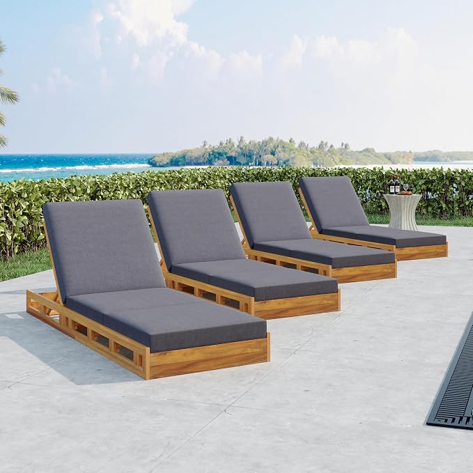 Merax Acacia Wood Chaise Lounge Chair Outdoor Set of 4, Patio Recliner with 4 Position Adjustable Backrest and 4" Thick Triple-fold Cushion