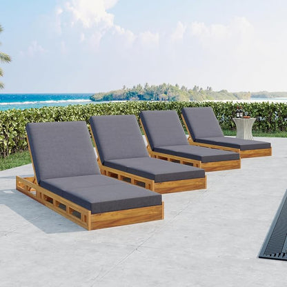 Merax Acacia Wood Chaise Lounge Chair Outdoor Set of 4, Patio Recliner with 4 Position Adjustable Backrest and 4" Thick Triple-fold Cushion