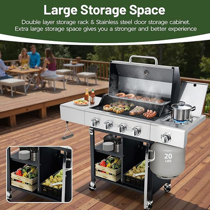 HUGROVE Propane Gas BBQ Grill with Side Burner & Wheels, 50,000 BTU Output Stainless Steel Barbecue Grill for Backyard & Outdoor Cooking Easy to Assemble (Silver)