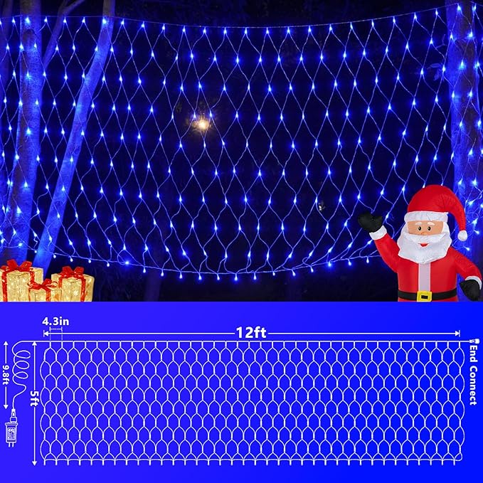 QITONG Net Lights Outdoor Mesh Lights, 12ft x 5ft 360 LED Blue Christmas Light with 8 Modes, Connectable Clear Wire Bush Light Plug in