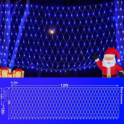 QITONG Net Lights Outdoor Mesh Lights, 12ft x 5ft 360 LED Blue Christmas Light with 8 Modes, Connectable Clear Wire Bush Light Plug in
