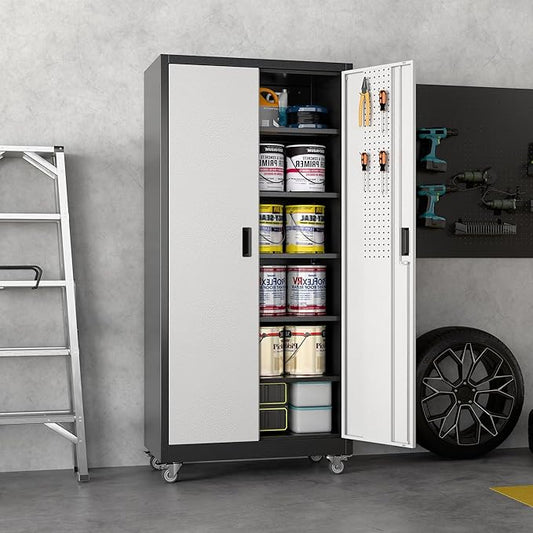 Aobabo Upgrade 71H''*34''W*18''D Metal Garage Storage Cabinet with Wheels and Pegboards, 5 Adjustable Shelves Steel Storage Cabinets for Home,Warehouse,Garage,Assembly Required,Black Sliver