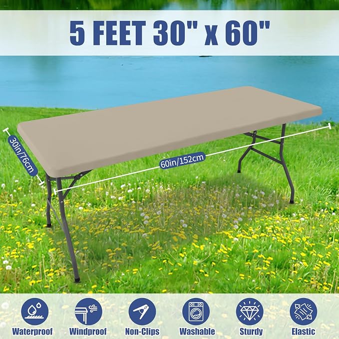 Moosfor 2 Pack Rectangle Spandex Fitted Table Cloth, 5FT Elastic Tablecloth | Washable Picnic Table Cover, Stretch Waterproof Table cloths for Party, Patio, Dining, Kitchen, 30" x 60", Taupe