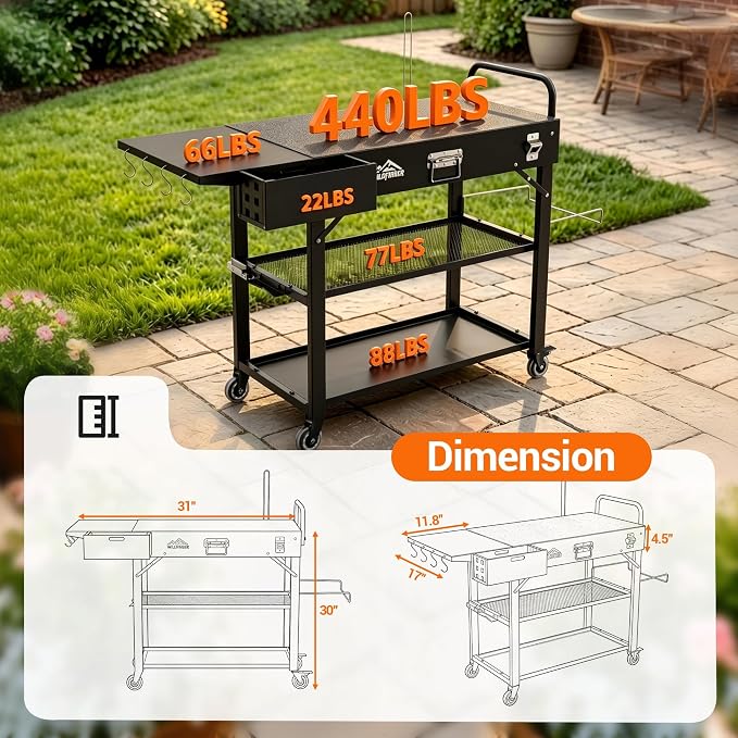 Grill Cart for Blackstone Griddle, Outdoor Grill Table Foldable for Ninja | Folding Pizza Oven Stand Grill Stand Fit 17 or 22 Inch Tabletop Griddle, Portable BBQ Prep Station with Tool Hooks & Wheels