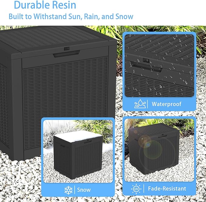 Pepe Tee 30 Gallon Deck Box, Waterproof Resin Outdoor Storage Box with Lid, All-Weather Garden Tool Organizer, Charcoal