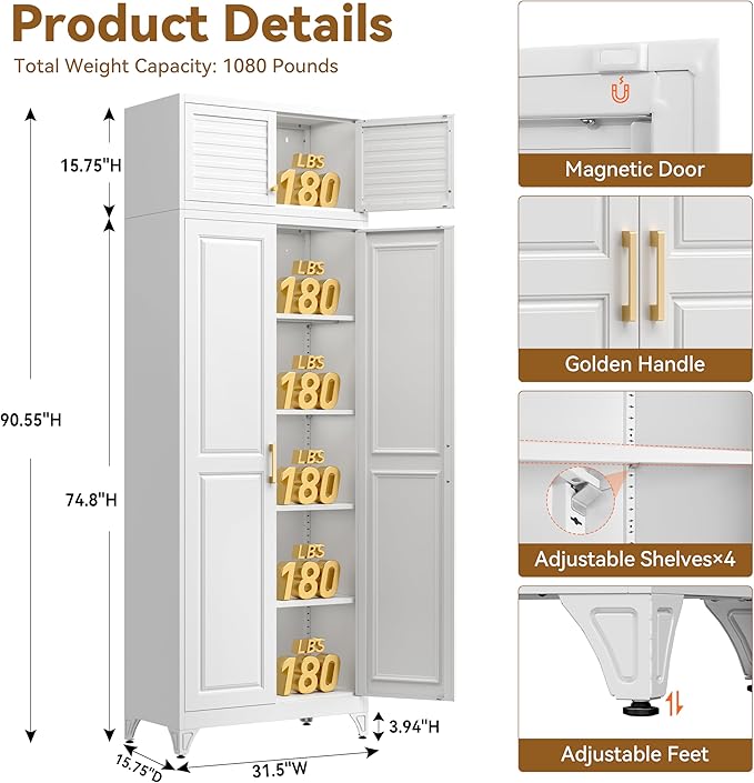 Polup 90" Tall Metal Storage Cabinet with Doors and Shelves, Heavy Duty Steel Kitchen Pantry Cabinet, Freestanding White Storage Cabinet for Garage, Laundry Room, Office, Dining Living Room