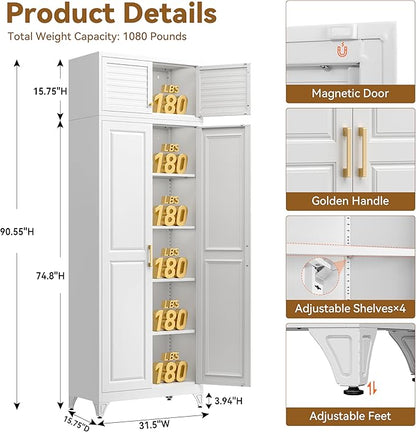 Polup 90" Tall Metal Storage Cabinet with Doors and Shelves, Heavy Duty Steel Kitchen Pantry Cabinet, Freestanding White Storage Cabinet for Garage, Laundry Room, Office, Dining Living Room