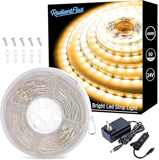 RadiantFlux 50Ft 4000K Flexible LED Strip Lights, Natural Glow Indoor Strips, Dimmable Super Bright Tape Lights for Living Room, Kitchen and Vanity Mirror