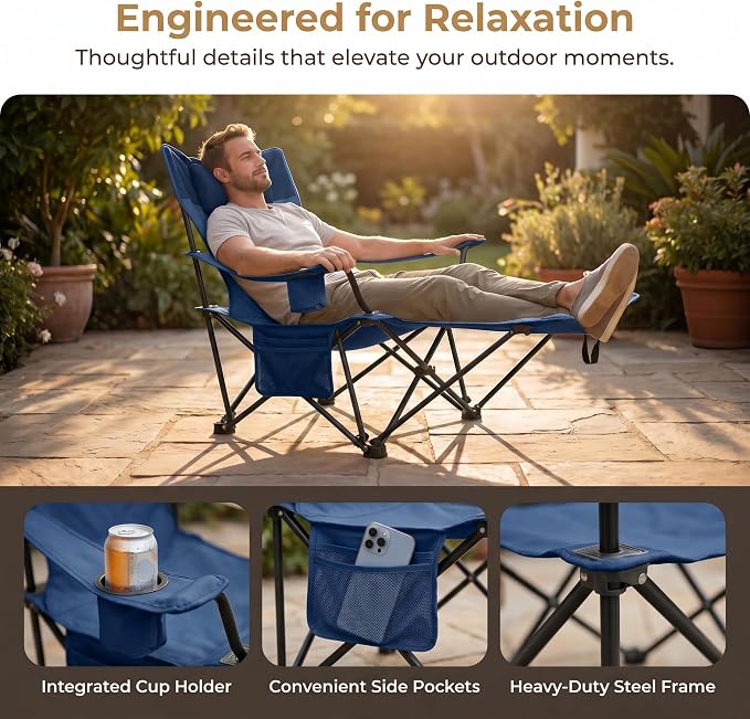 Adjustable Folding Beach Chair, Portable Camping Chair for Adults with Backrest, Reclining Outdoor Chair with Cup Holder & Pocket, Foldable Low Beach Chair for Camping, Picnic, Navy Blue