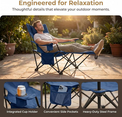 Adjustable Folding Beach Chair, Portable Camping Chair for Adults with Backrest, Reclining Outdoor Chair with Cup Holder & Pocket, Foldable Low Beach Chair for Camping, Picnic, Navy Blue
