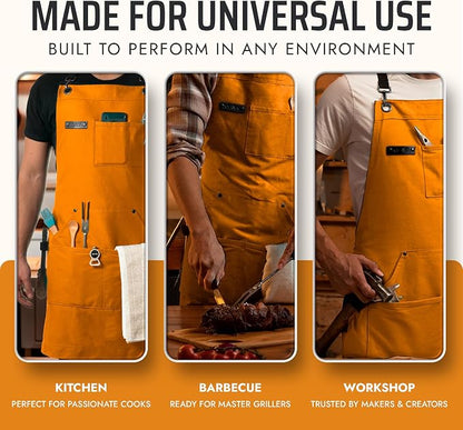 Asaya Chef and BBQ Apron with Bottle Opener and Hand Towel - 10oz Cotton Canvas, Stainless Steel Hardware - Cross Back Straps