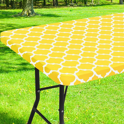 Smiry Picnic Fitted Table Cover, 8 Foot Flannel Backed Vinyl Tablecloth | Waterproof Elastic Stretch Table Cloth, Wipeable Plastic Tablecloth for Camping, Indoor & Outdoor (Yellow, 30" x 96")