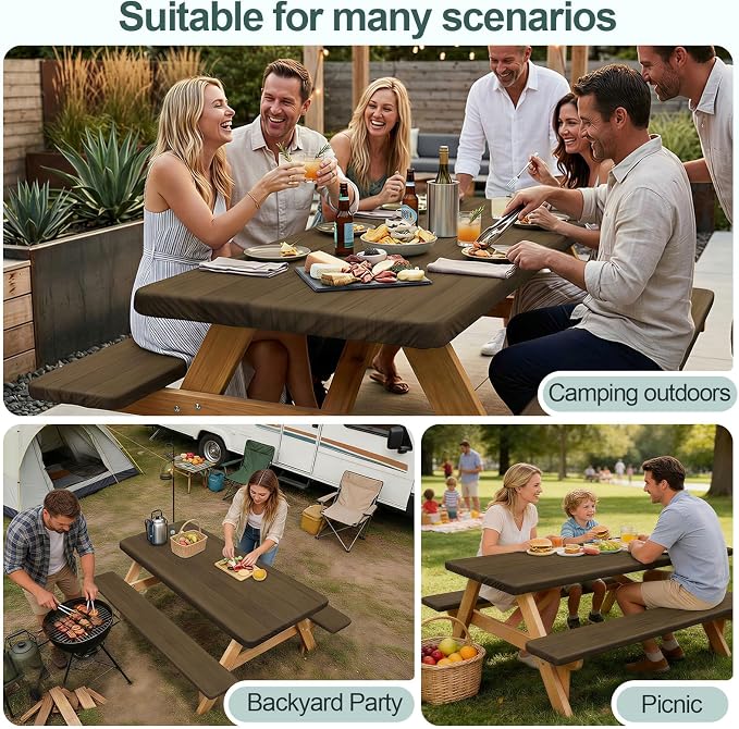Picnic Table Cover Bench Covers Camping Essentials Tablecloth | Waterproof Vinyl for Outdoor, Windproof Elastic Fitted Edges, RV BBQ Accessories Must Haves, Storage Bag Included