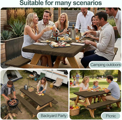 Picnic Table Cover Bench Covers Camping Essentials Tablecloth | Waterproof Vinyl for Outdoor, Windproof Elastic Fitted Edges, RV BBQ Accessories Must Haves, Storage Bag Included