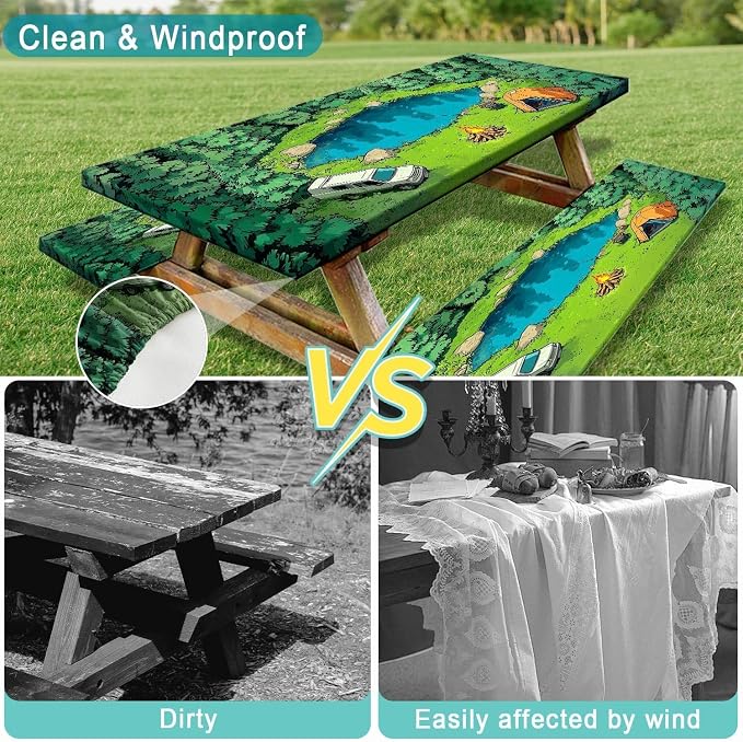 Picnic Table Cover with Bench Covers Elastic Edges, Green Forest Camping Scene Table Cover, Waterproof Windproof Fitted, for Outdoor Camping Patio Garden RV Trips, Drawstring Bag, 60 Inch 3PCS