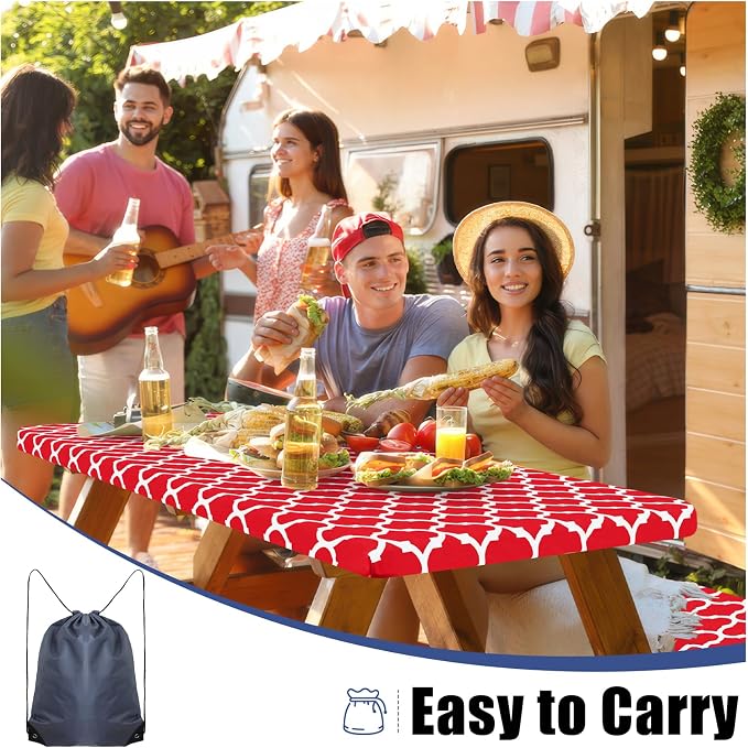 Smiry Picnic Table Cover with Bench Covers, Waterproof Elastic Fitted Tablecloth for 5 Foot Tables, Washable Polyester Tablecloths for Camping, Indoor & Outdoor (Red, 30x60 Inch 3-pc Set)
