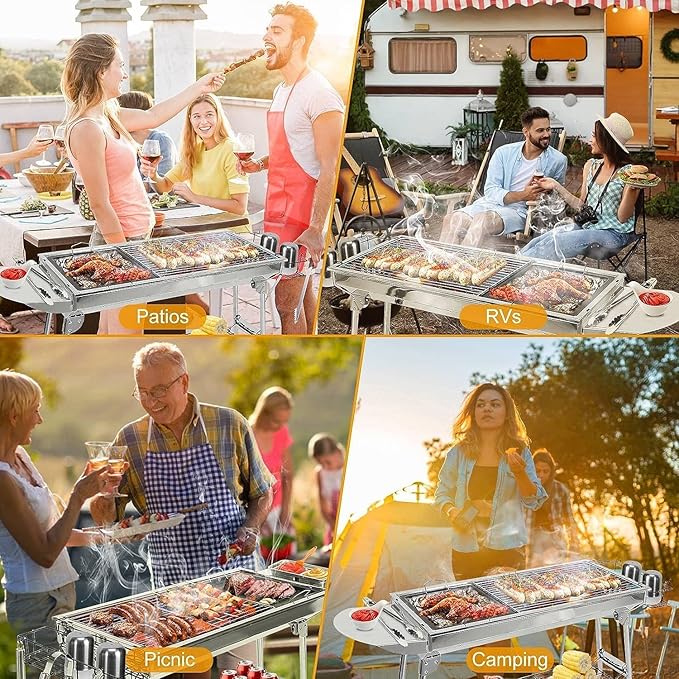 TeqHome Portable Charcoal Grill, Upgraded Folding Large Barbecue Charcoal Grill W/Board Shelf & Flavoring Storage Basket, Stainless Steel Frame, for 8 People Picnic Garden Terrace Camping Travel Use