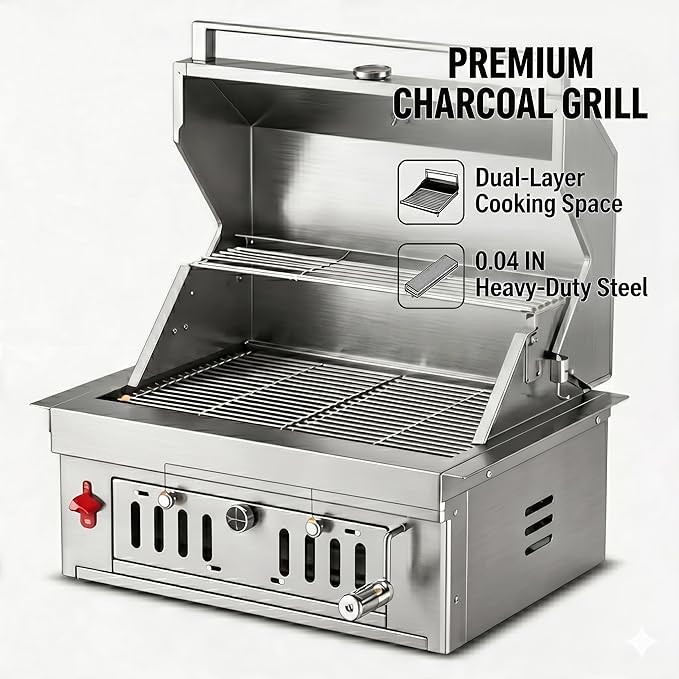 27-IN Premium 304 Stainless Steel Built-in Charcoal Grill with Adjustable Tray, Large Front Access Door, Side Vents,and Includes Griddle Plate and Accessory Set,Ideal for Outdoor Family BBQ