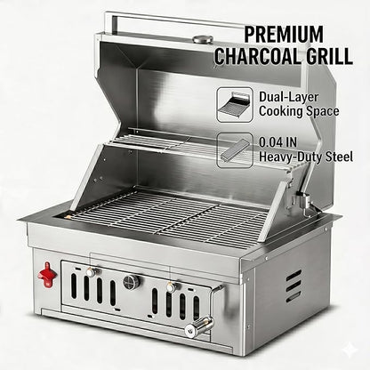 27-IN Premium 304 Stainless Steel Built-in Charcoal Grill with Adjustable Tray, Large Front Access Door, Side Vents,and Includes Griddle Plate and Accessory Set,Ideal for Outdoor Family BBQ