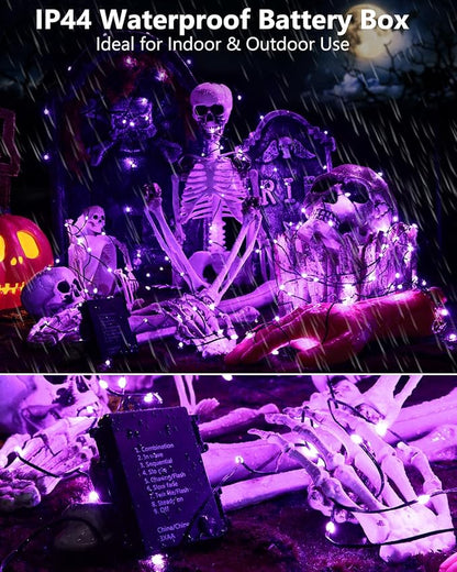 Brizled Purple String Lights, 2 Pack 50 LED Battery Powered Halloween Light | 8 Modes Purple Fairy Lights with Timer, Twinkle Halloween Tree Lights Black Wire for Indoor Outdoor Party Garden Yard Decor