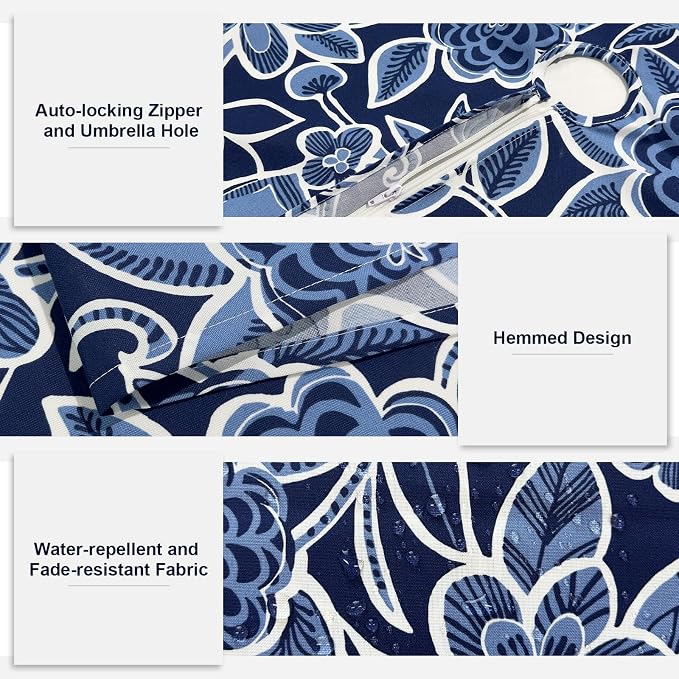 Outdoor/Indoor Round Tablecloth with Umbrella Hole Zipper, Decorative Circular Table Cover for Home Garden, 60 Inch, Flower Navy