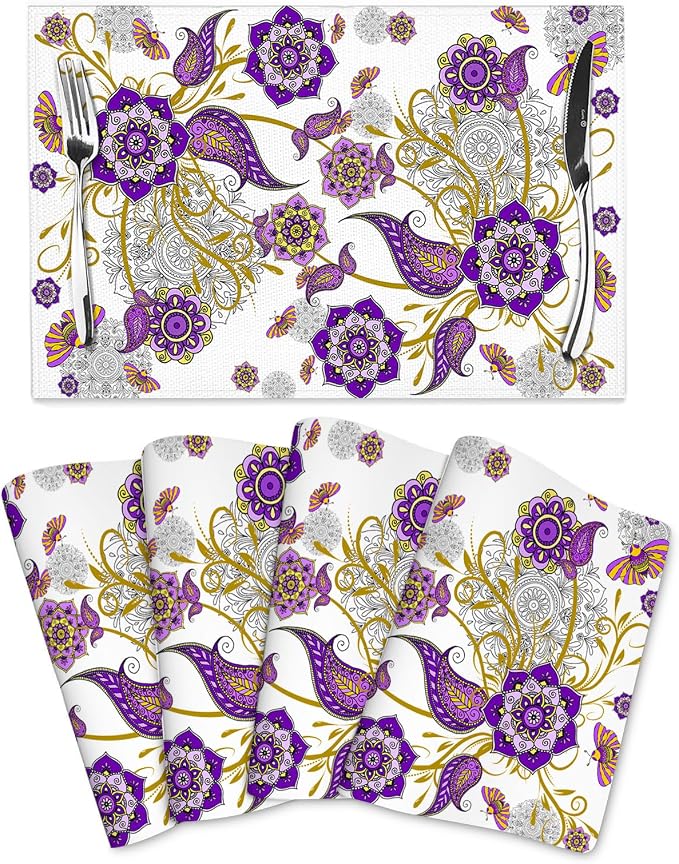 Boho Floral Placemats Set of 4 Linen Flower Decorative Place Mats | Washable Non-Slip Heat-Resistant Purple Kitchen Table Mats for Dining Outdoor Party Home Decor 12x18 Inch
