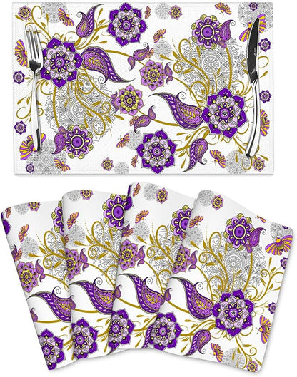 Boho Floral Placemats Set of 4 Linen Flower Decorative Place Mats | Washable Non-Slip Heat-Resistant Purple Kitchen Table Mats for Dining Outdoor Party Home Decor 12x18 Inch