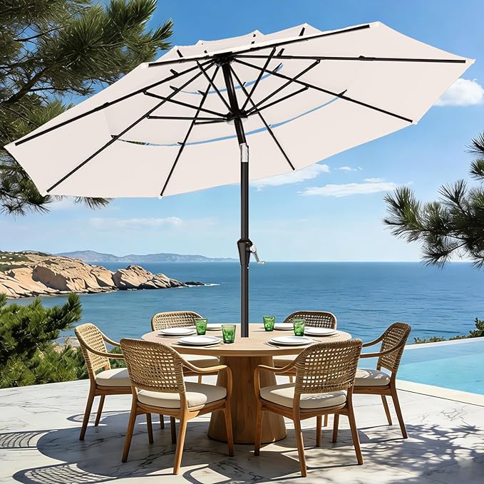 AreShark 9ft 3-Tier Patio Umbrellas, Outdoor Umbrella with 8 Sturdy Ribs UV Protection Windproof, Market Table Umbrella w/Push Button Tilt & Crank for Pool, Porch, Deck, Garden(Cream White)