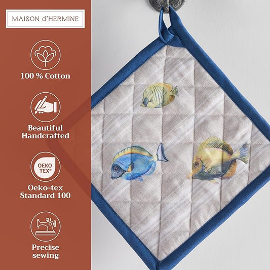Maison d' Hermine Pot Holders 100% Cotton Heat Resistant Potholders 8" x 8" Hot Pads with Loop BBQ Cooking Baking Hotel Farmhouse Kitchen Handling Hot Pans Spring Summer (Pack of 1, Poisson)