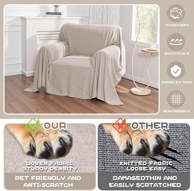 MYSKY HOME Couch Cover Sofa Covers for 1 Cushion Couch Dog Couch Cover Protector for Sectional Sofa Covers Couch Protector Modern Sofa Towel for Living Room, 71" x 91", Oat