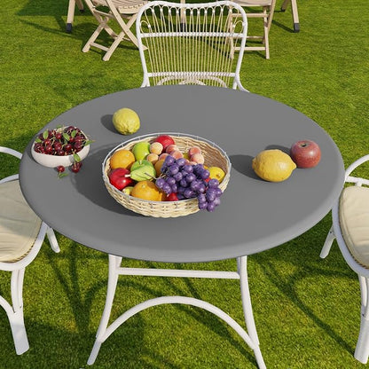 Romanstile Round Fitted Vinyl Tablecloth with Elastic Edge 100% Waterproof | Table Covers for 45"- 56" Tables, Wipeable Flannel Backed Plastic Table Cloths for Dinner, Picnic, Camping, Outdoor, Grey