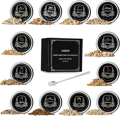 Cocktail Smoker Chips, 12 Flavors Wood Chips Orange Cinnamon Ginger Apple Beech Pear Cherry Oak Walnut Pecan/Hickory Mesquite Peach for Cocktails, Whiskey, Bourbon, Smoking Gun, Bar, Smoker Accessory