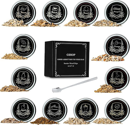 Cocktail Smoker Chips, 12 Flavors Wood Chips Orange Cinnamon Ginger Apple Beech Pear Cherry Oak Walnut Pecan/Hickory Mesquite Peach for Cocktails, Whiskey, Bourbon, Smoking Gun, Bar, Smoker Accessory