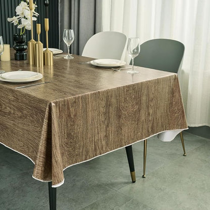 NLMUVW Vinyl Tablecloth with Flannel Backing 60 X 108 Inch, Outdoor Table Cloth Waterproof Wipe Clean PVC Table Cover for Dining Camping, Wood