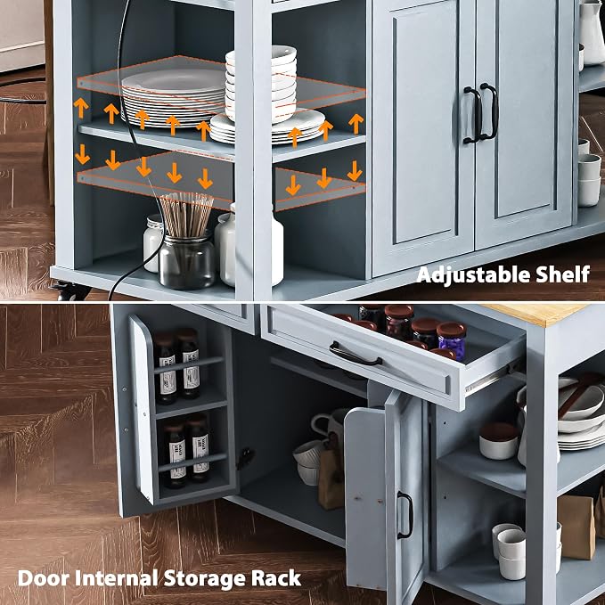 Ball & Cast Kitchen Island with Extendable Dining Table,Rubber Wood Veneer Kitchen Table W/Internal Storage Rack,Power Outlet & USB Ports,Kitchen Cart On Wheels W/2 Drawers & 2 Cabinets,Grey Blue,47"