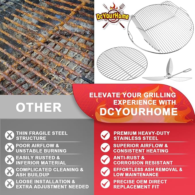 7436 Cooking Grate Hinged & 7441 Charcoal Grate for Weber 22" 22.5" Kettle Charcoal Grill,Replacement Grates for Weber One-Touch/Master-Touch/Performer Series, with 7444 One-Touch Cleaning System Kit