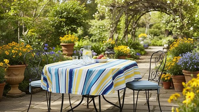 Newbridge Sun Wave Beach Stripe Flannel Back Vinyl Tablecloth - Navy, Yellow, White and Blue Wavy Striped Vinyl Indoor/Outdoor Waterproof, Patio, BBQ Tablecloth, 60 Inch x 84 Inch Oval