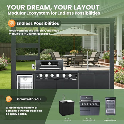 110" Outdoor Kitchen Island with 4-Burner 72000 BTU,Heavy-Duty Natural Gas Grill with Side Burner,Rotisserie Oven,Galvanized Steel Roof,Granite Countertops,Refrigerator,Storage,Sink.(Natural Gas)