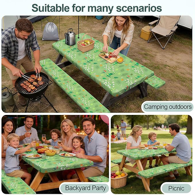 Picnic Table Cover Bench Covers Camping Essentials Tablecloth | Waterproof Vinyl for Outdoor, Windproof Elastic Fitted Edges, RV BBQ Accessories Must Haves, Storage Bag Included