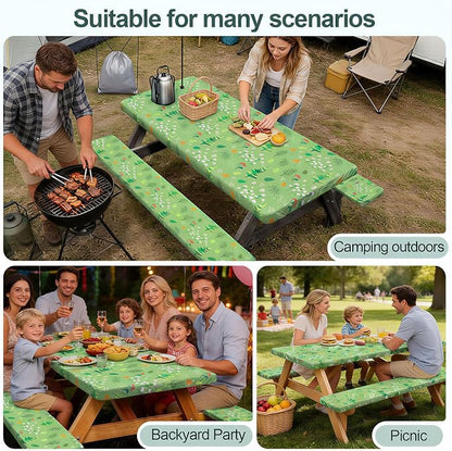 Picnic Table Cover Bench Covers Camping Essentials Tablecloth | Waterproof Vinyl for Outdoor, Windproof Elastic Fitted Edges, RV BBQ Accessories Must Haves, Storage Bag Included