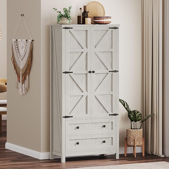 YITAHOME 64.5" Farmhouse Pantry Cabinet with 2 Drawers & Shelves, White | Tall Storage Cupboard for Living Room, Kitchen, and Hallway
