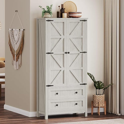 YITAHOME 64.5" Farmhouse Pantry Cabinet with 2 Drawers & Shelves, White | Tall Storage Cupboard for Living Room, Kitchen, and Hallway