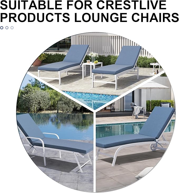 Crestlive Products Sunbrella Chaise Lounge Cushions Outdoor, Fade Resistant Water Resistant Lounge Chair Cushion, 72''L x 21''W, Denim Blue